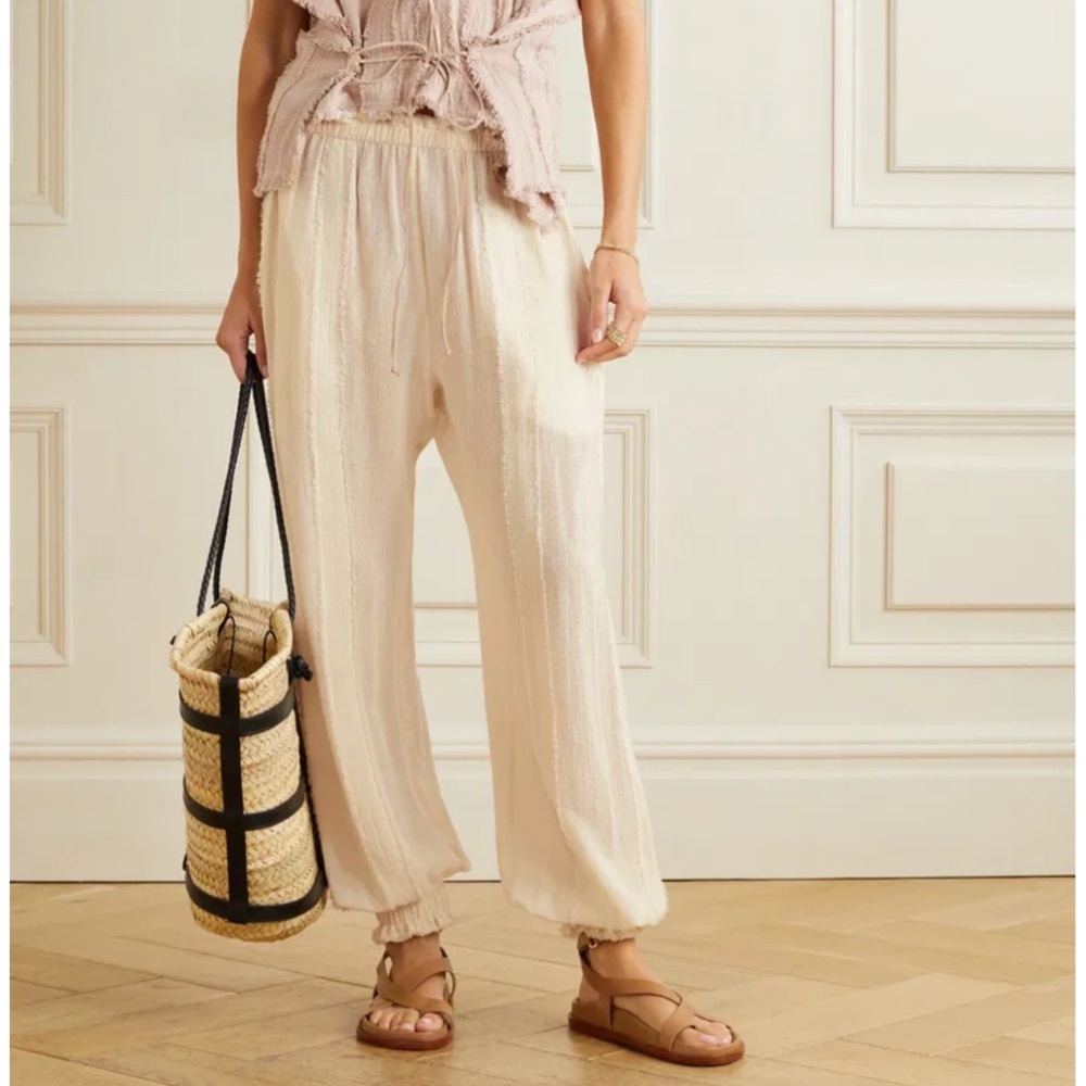Caravana Sibinche Frayed Cotton Gauze Track Pants, Boho Semi Sheer Joggers - Picture 3 of 12